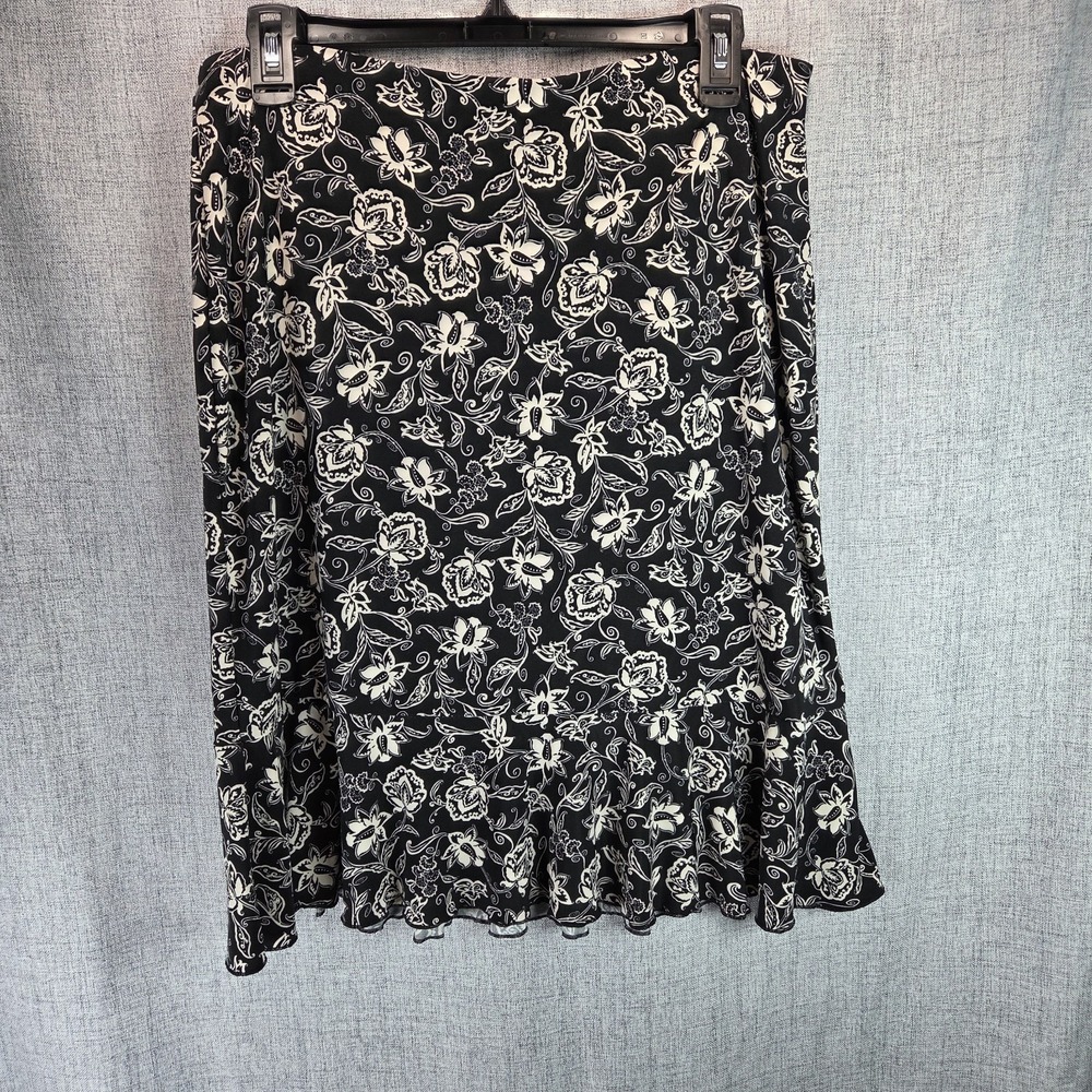 Boho Black‎ White Floral Skirt American Living Womens Medium Ruffle Hem Goth
